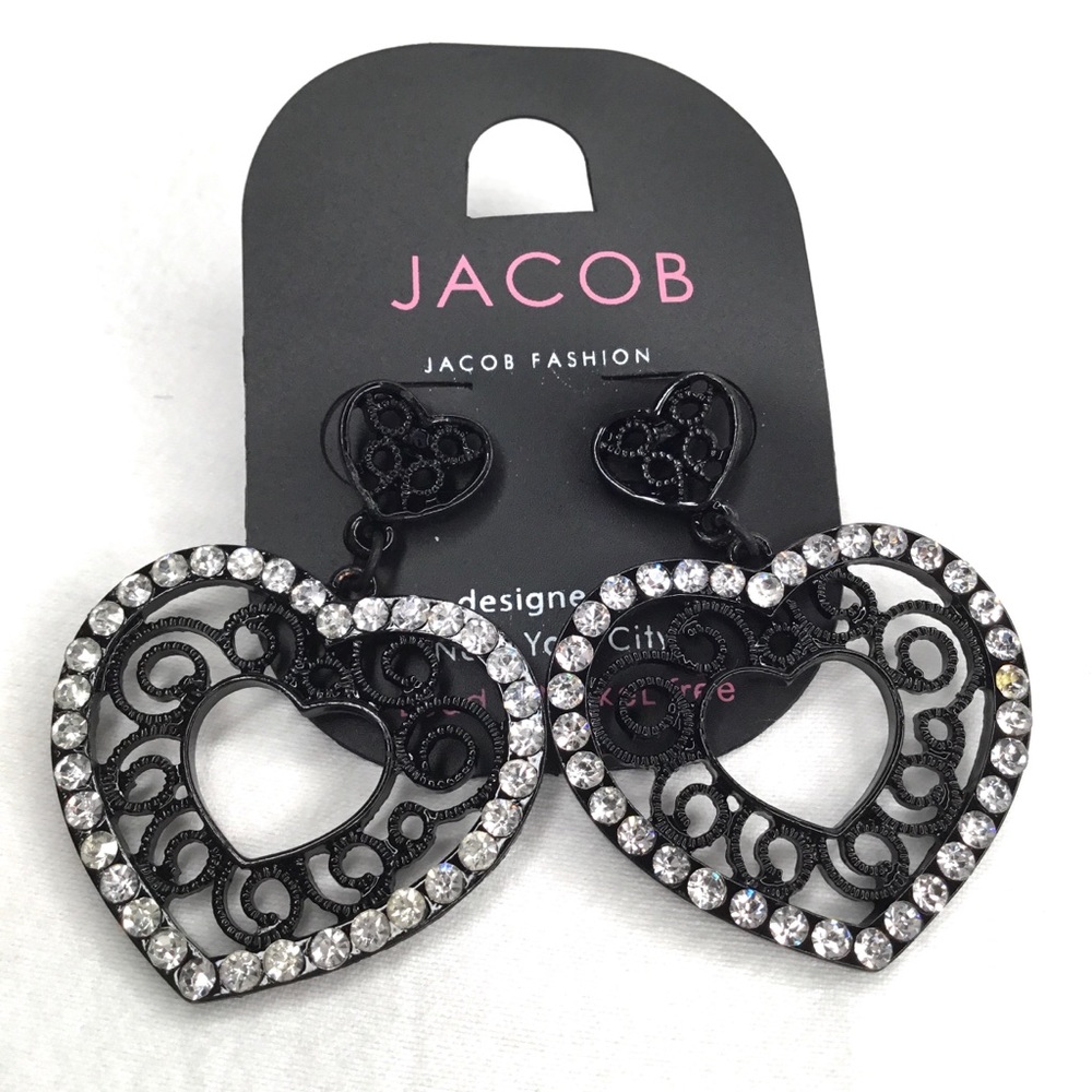 💎Jacob Black Enamel Rhinestone Heart Drop Earrings Vintage